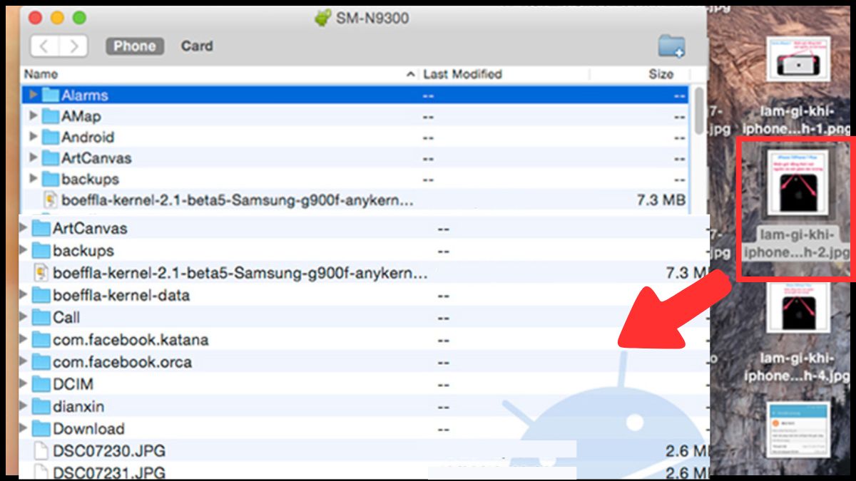 Cách chuyển dữ liệu bằng cách kéo thả sau khi kết nối điện thoại Android với MacBook.