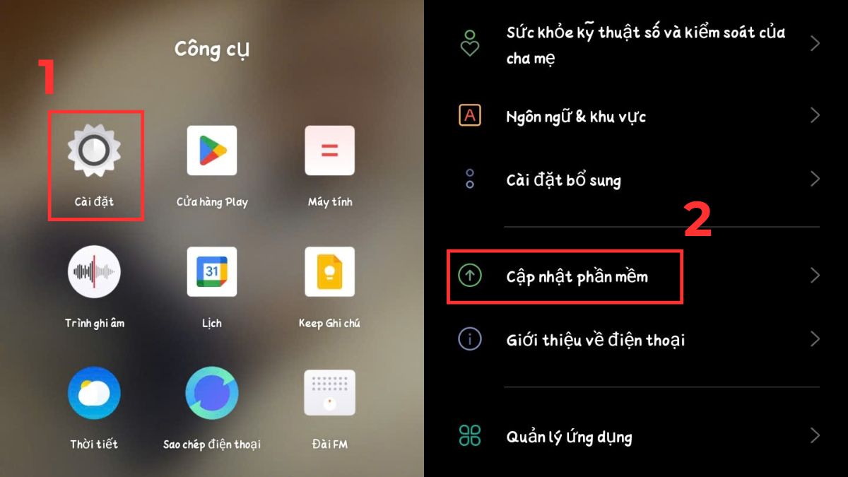 Hướng dẫn cách tắt cập nhật phần mềm trên Android cho điện thoại OPPO thông qua mục Cập nhật phần mềm trong Cài đặt.