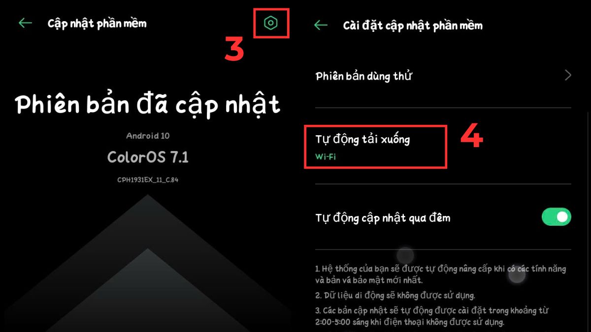 Hình ảnh minh họa các bước tắt cập nhật phần mềm trên điện thoại OPPO, cụ thể là vào cài đặt và tắt Tự động tải xuống.