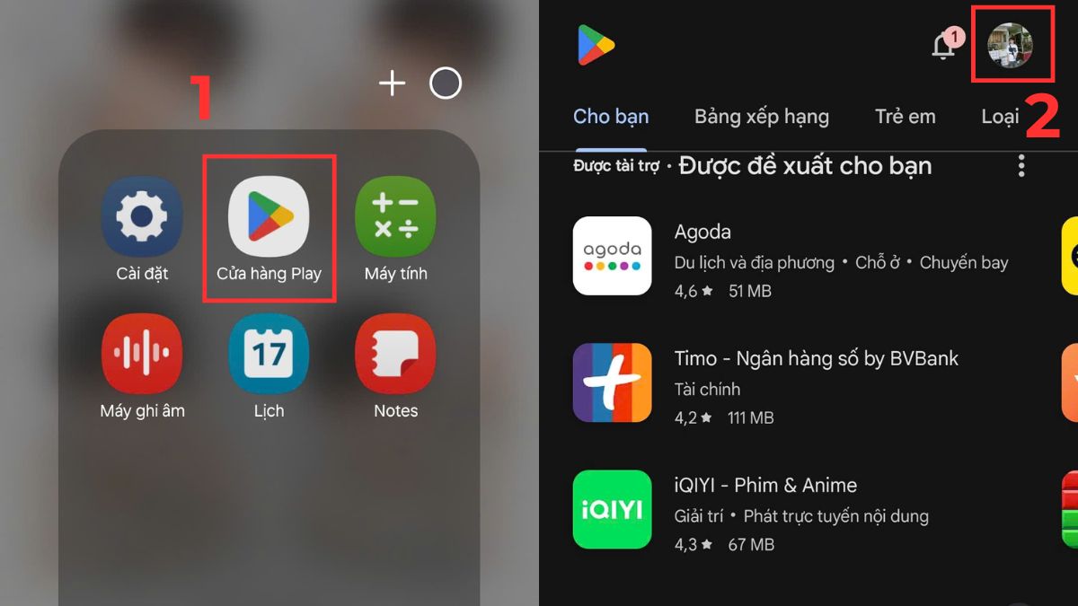 Hướng dẫn cách tắt cập nhật phần mềm trên Android bằng cách mở ứng dụng Google Play Store và chọn ảnh đại diện.