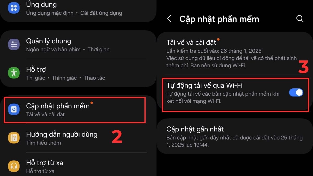 Chi tiết cách tắt cập nhật phần mềm trên Android cho Samsung, cụ thể là vào mục Cập nhật phần mềm.