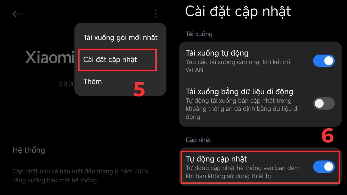 Hướng dẫn cách tắt cập nhật phần mềm trên Android Xiaomi bằng việc chọn Cài đặt cập nhật và tắt tính năng tự động.