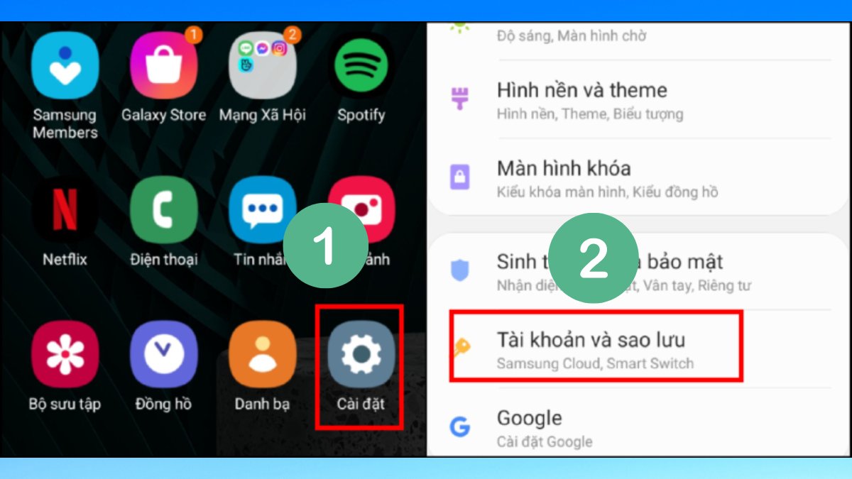 Mở Cài đặt > Tài khoản và sao lưu để gỡ tài khoản Google, sửa lỗi phương thức thanh toán bị từ chối ch play