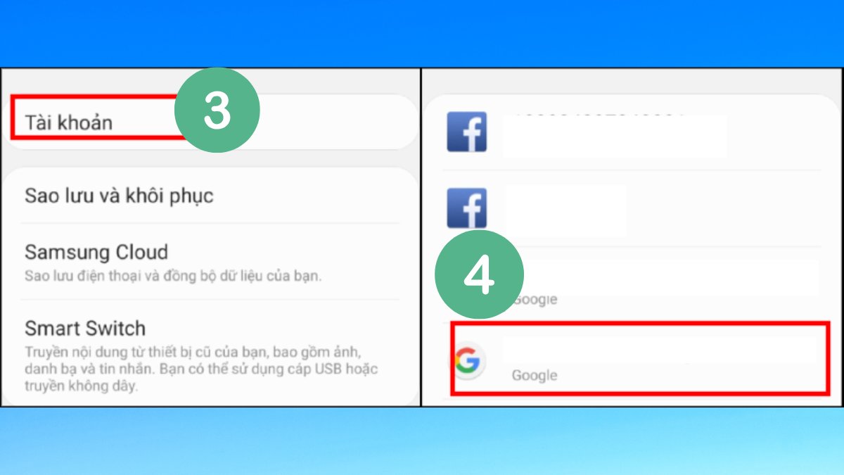 Chọn Tài khoản và tài khoản Google bị lỗi để tiếp tục khắc phục lỗi phương thức thanh toán bị từ chối ch play