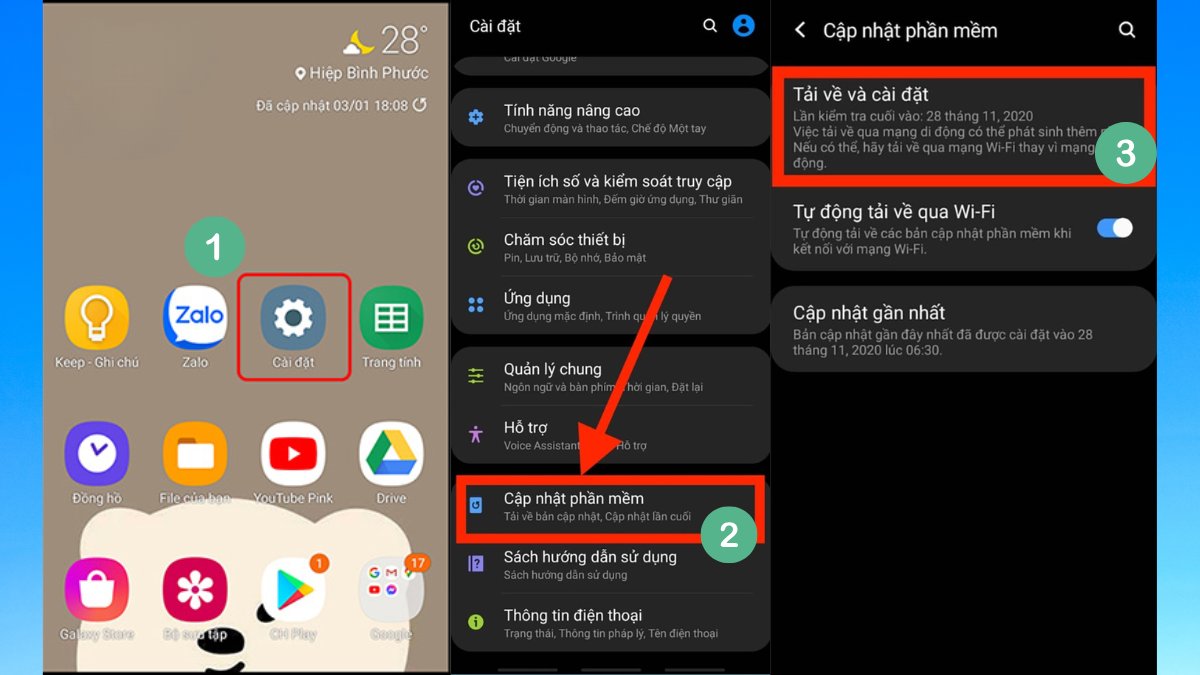 Vào Cài đặt > Cập nhật phần mềm để nâng cấp hệ điều hành, tránh lỗi phương thức thanh toán bị từ chối ch play