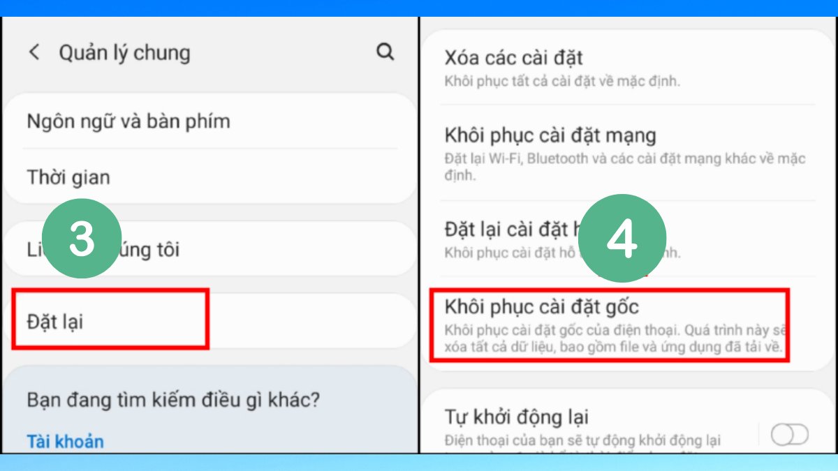 Chọn Đặt lại > Khôi phục cài đặt gốc, biện pháp cuối để triệt tiêu lỗi phương thức thanh toán bị từ chối ch play