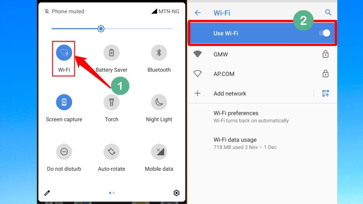 Kiểm tra và bật lại Wi-Fi/dữ liệu di động để sửa lỗi thanh toán Google Play hoặc lỗi phương thức thanh toán bị từ chối ch play