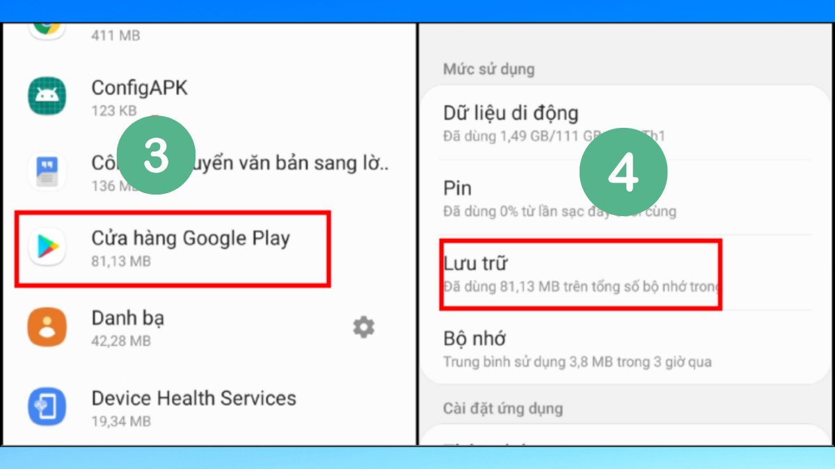 Chọn Cửa hàng Google Play > Lưu trữ để xóa dữ liệu, sửa lỗi thanh toán ch Play không thành công và lỗi phương thức thanh toán bị từ chối ch play