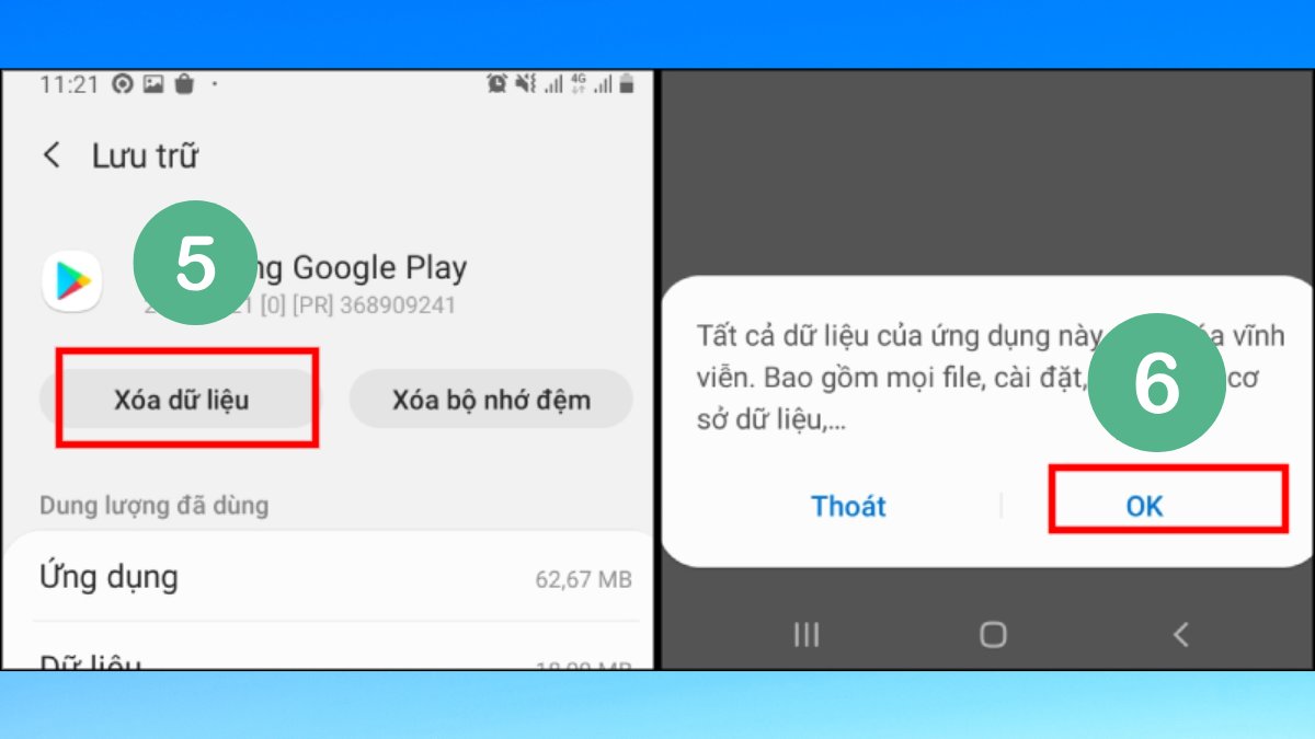 Nhấn Xóa dữ liệu và OK để khắc phục sự cố CH Play, bao gồm lỗi phương thức thanh toán bị từ chối ch play