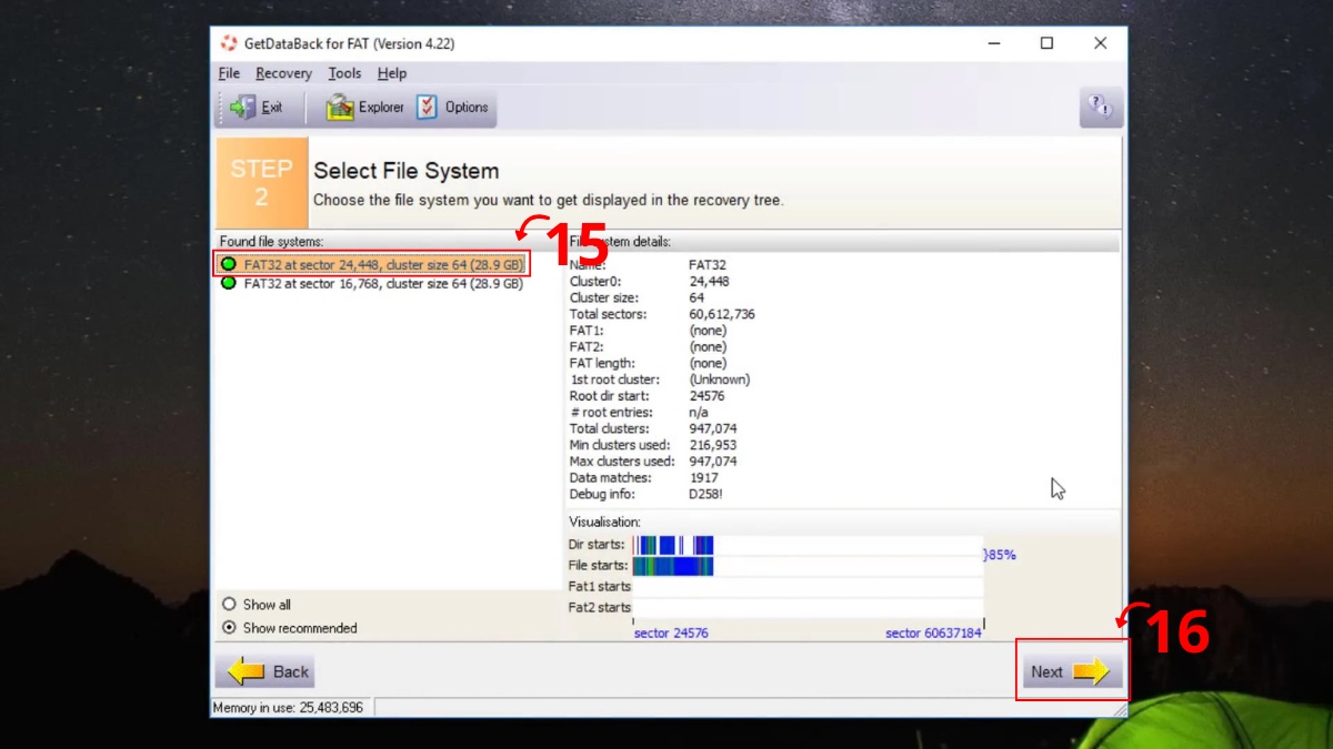Lựa chọn hệ thống tệp tin cần khôi phục cho lỗi thẻ nhớ không nhận.