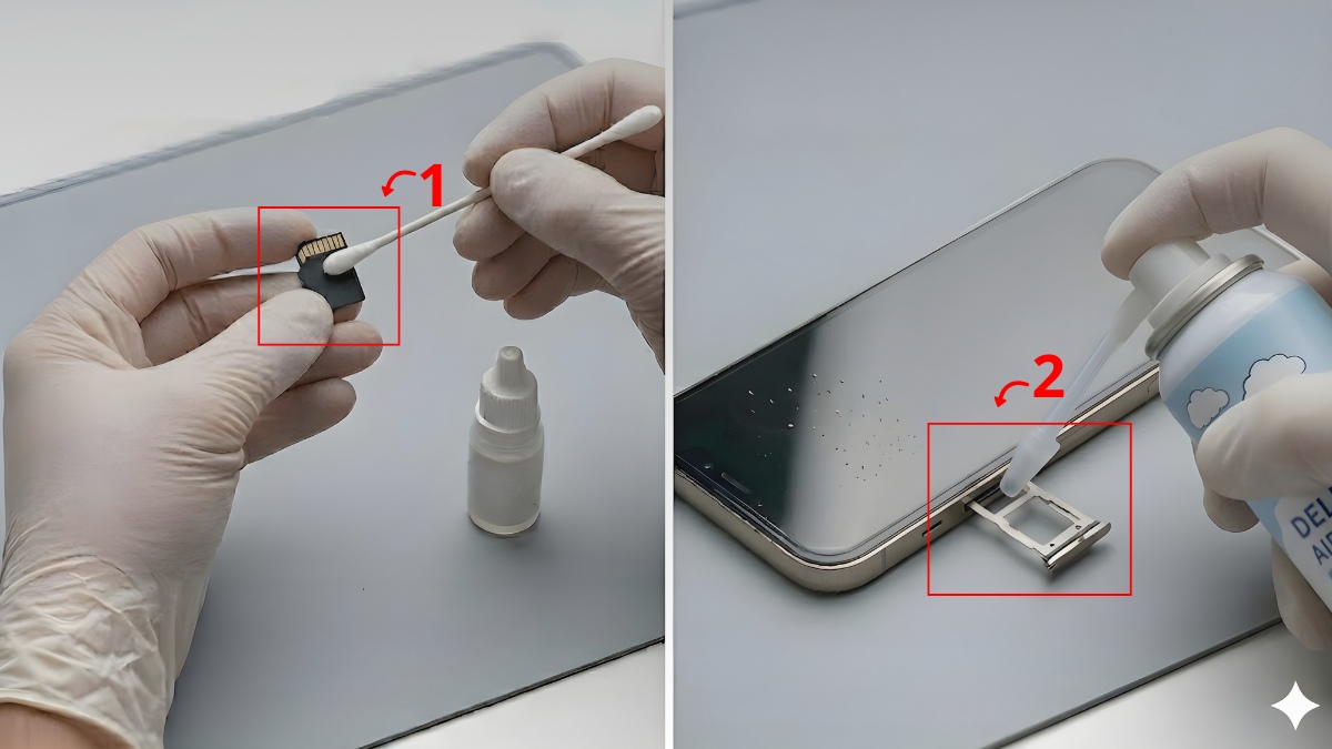 Vệ sinh chân tiếp xúc và khe cắm xử lý lỗi điện thoại không nhận thẻ nhớ.