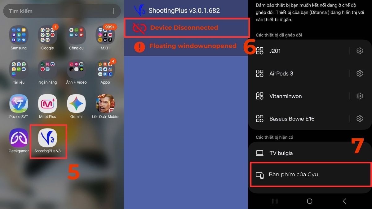 Thao tác kết nối thiết bị trên app hỗ trợ chơi game bằng bàn phím bluetooth.