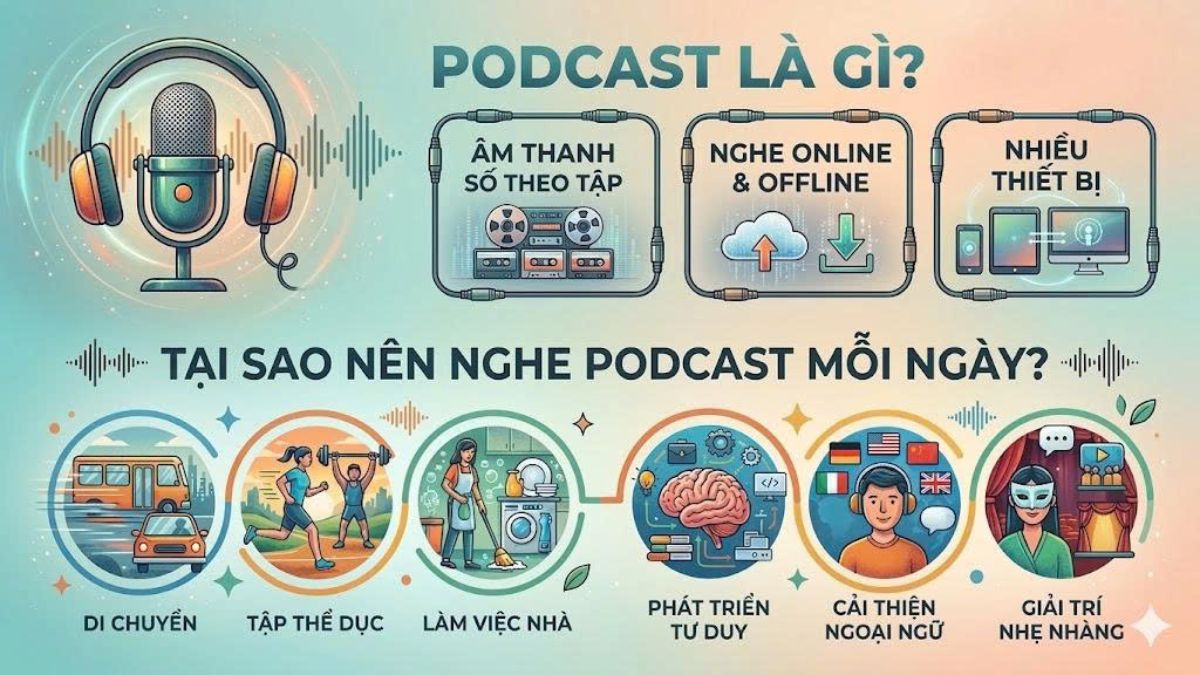 Infographic giải thích podcast là gì và lợi ích khi sử dụng app nghe podcast mỗi ngày.