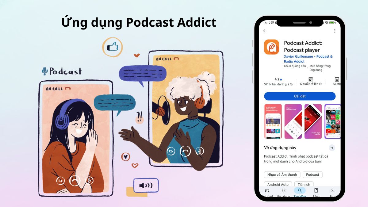 App nghe podcast miễn phí Podcast Addict với nhiều tùy chỉnh linh hoạt dành cho Android.