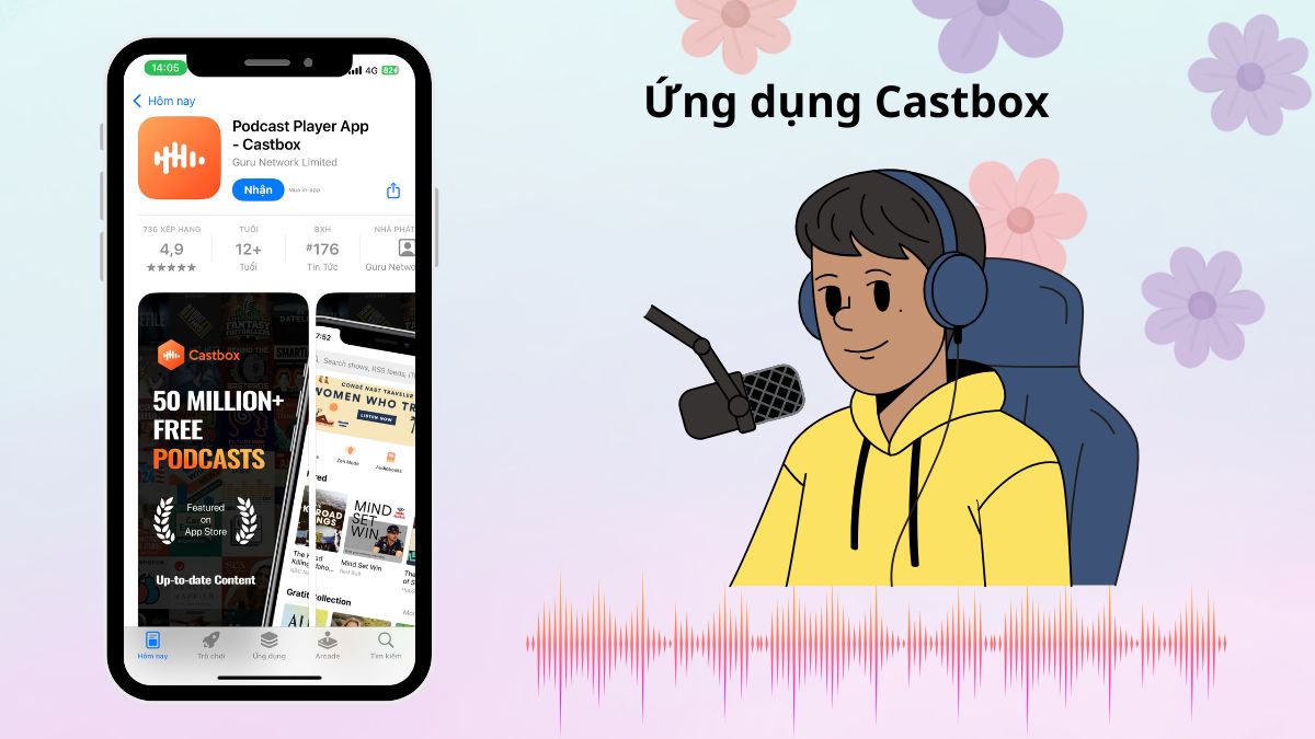 Giao diện app nghe podcast Castbox hỗ trợ tìm kiếm thông minh và đa dạng ngôn ngữ.