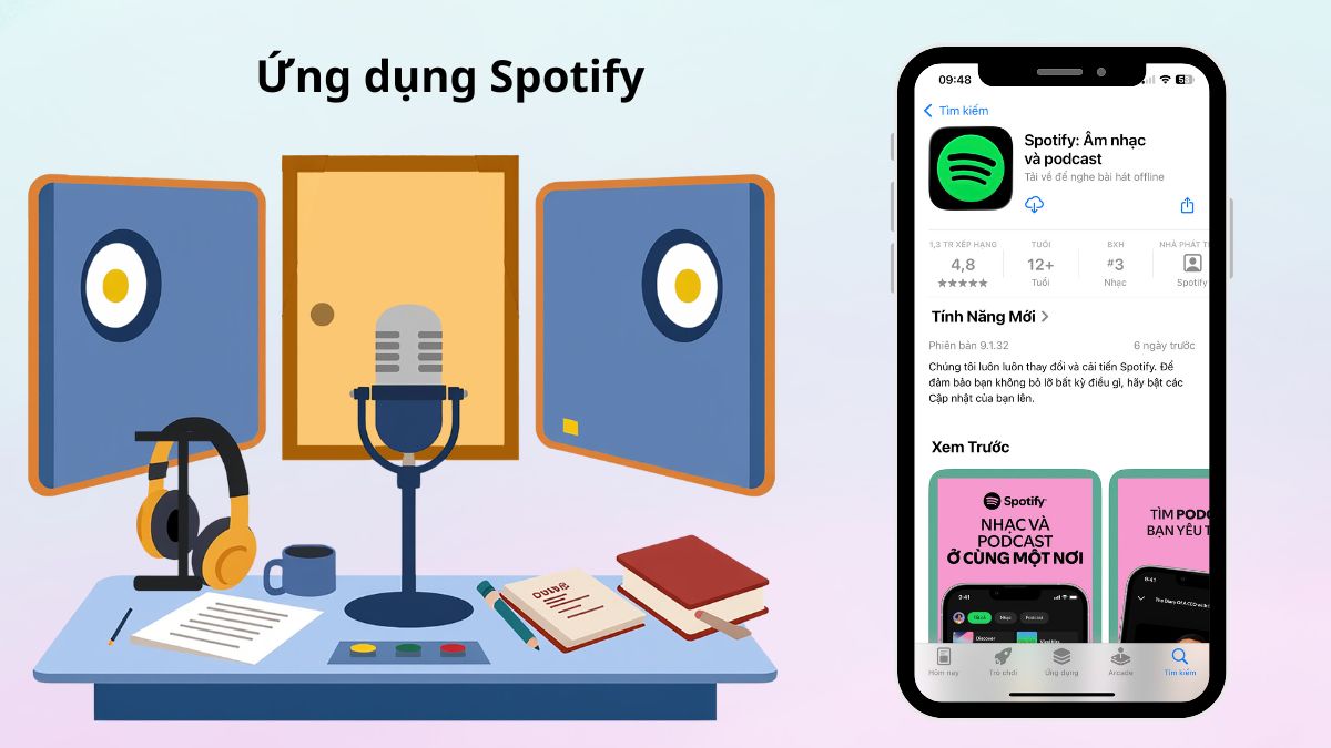 Giao diện Spotify - app nghe podcast phổ biến nhất hiện nay với kho nội dung đa dạng.