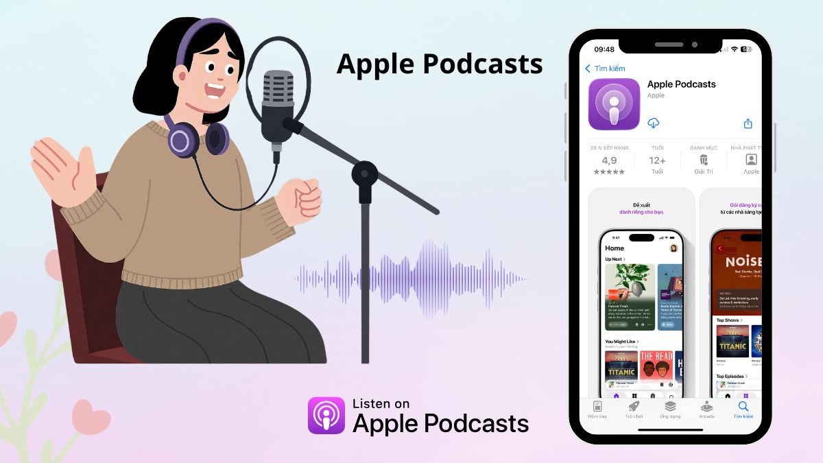 App nghe podcast tiếng anh Apple Podcasts mặc định trên iPhone với âm thanh chất lượng cao.