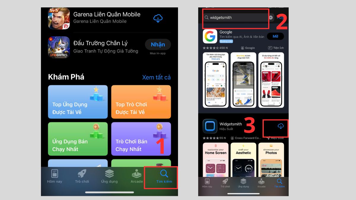 Tìm kiếm và tải ứng dụng Widgetsmith trên App Store để trang trí màn hình điện thoại.