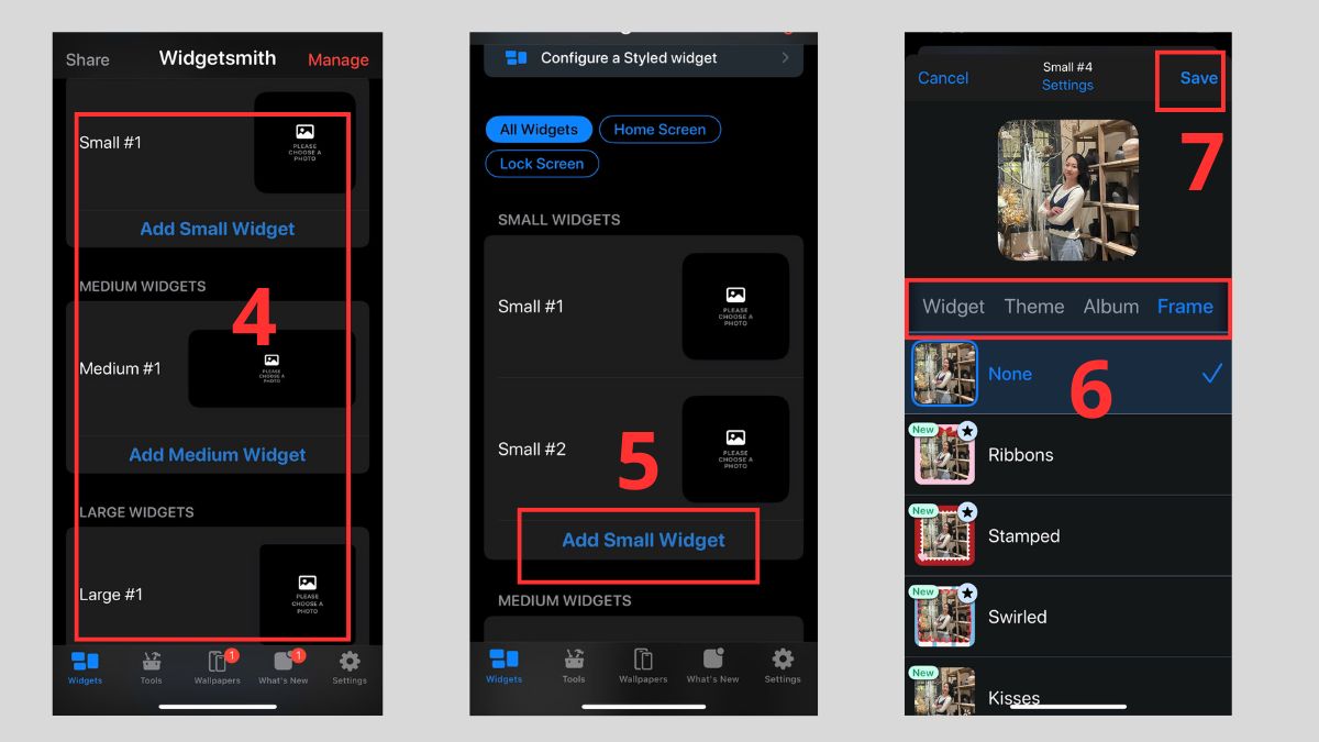 Các bước tạo widget nhỏ trong ứng dụng Widgetsmith để trang trí màn hình điện thoại.