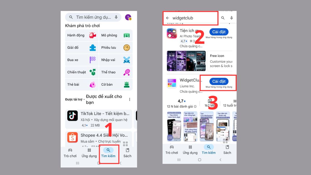 Tìm và tải ứng dụng WidgetClub trên CH Play để trang trí màn hình điện thoại android.