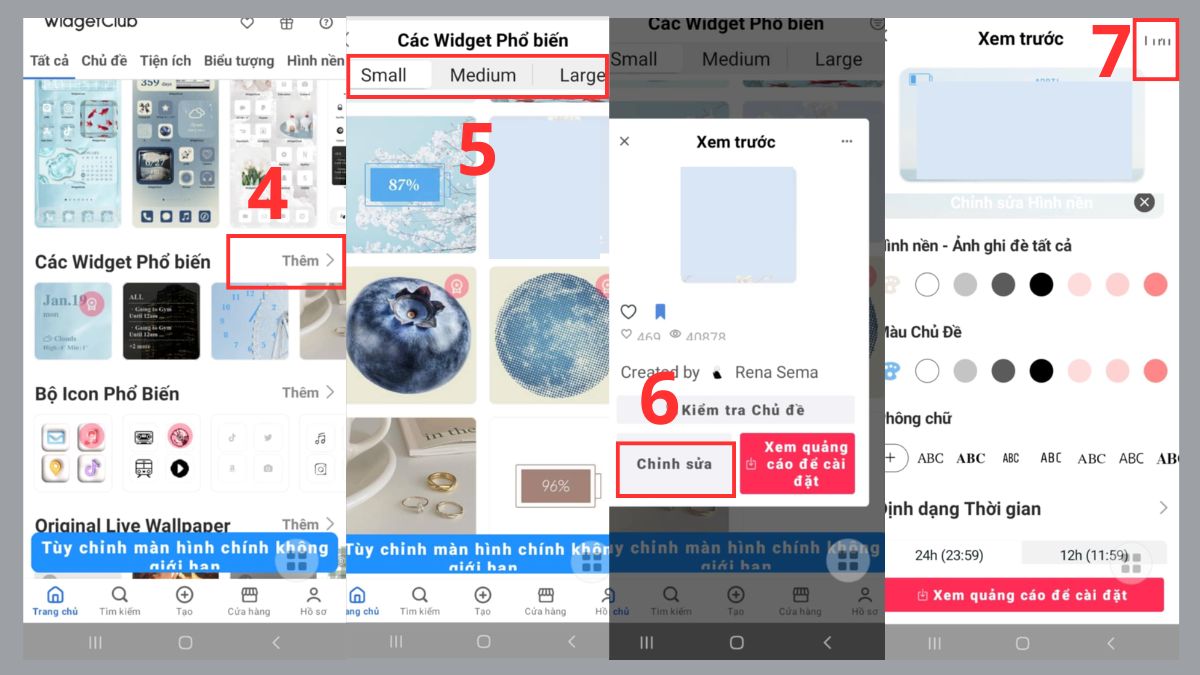 Giao diện thêm widget phổ biến trong ứng dụng WidgetClub để trang trí màn hình điện thoại.