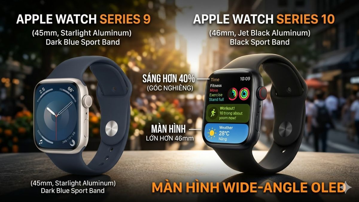 Màn hình Wide-angle OLED sáng hơn 40% của apple watch 9 vs 10.