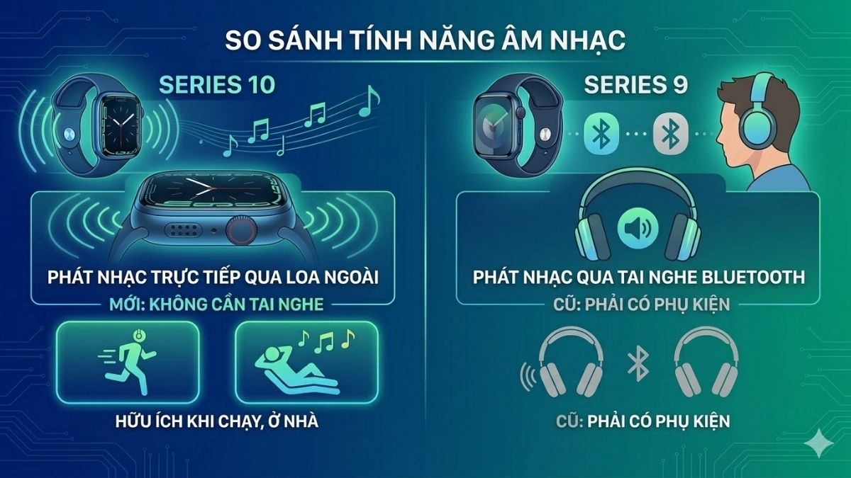 Khả năng phát nhạc trực tiếp qua loa ngoài mới trên apple watch 9 vs 10.