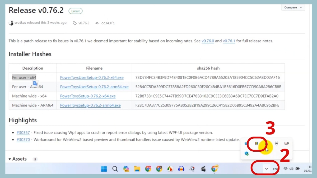 Truy cập biểu tượng Microsoft PowerToys trong khu vực Hidden Icons.