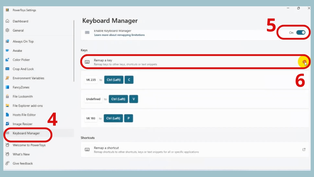 Kích hoạt Keyboard Manager để xử lý khi bàn phím không có phím Fn.