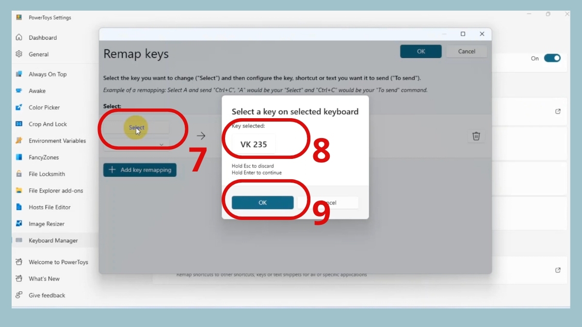 Chọn phím muốn thay thế trong tính năng Remap a key.