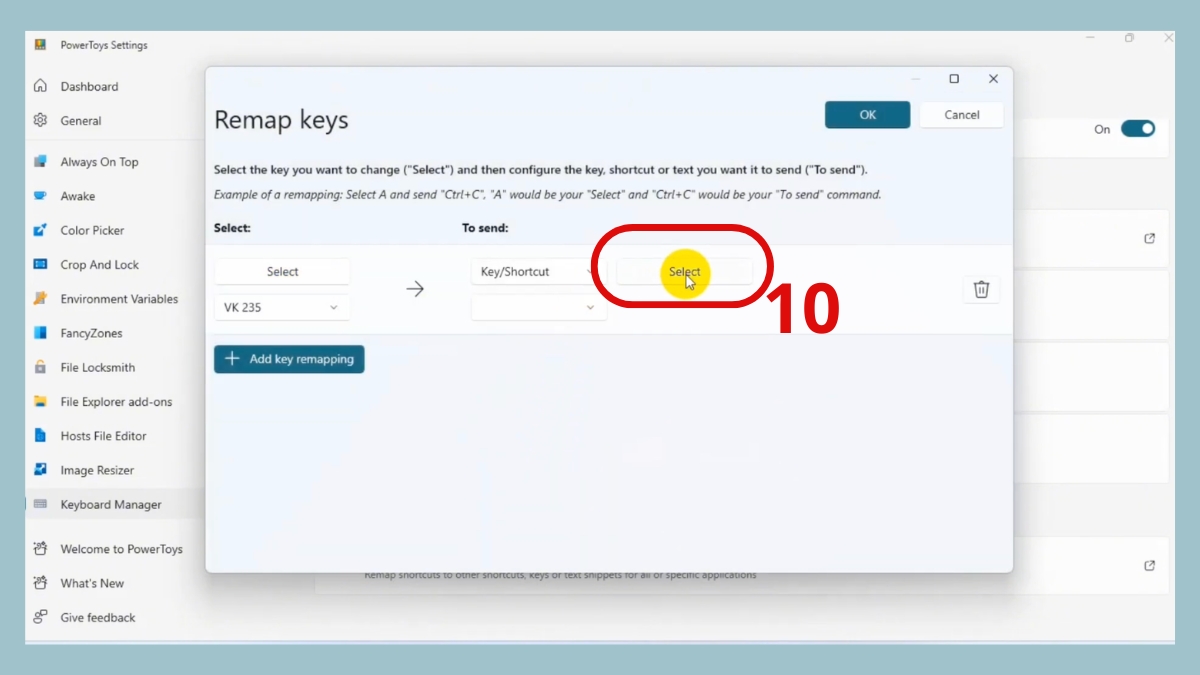 Thao tác nhấn Select tại mục To send để gán chức năng mới.