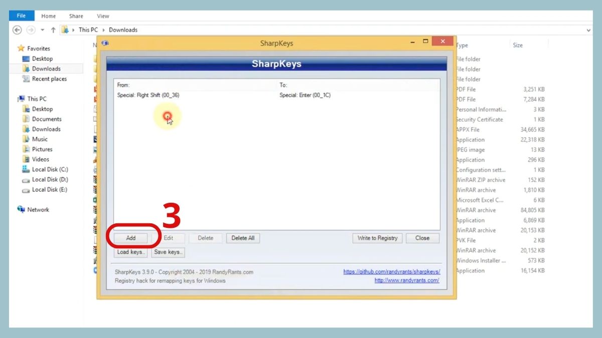 Nhấn nút Add để thêm lệnh remap phím mới trong SharpKeys.