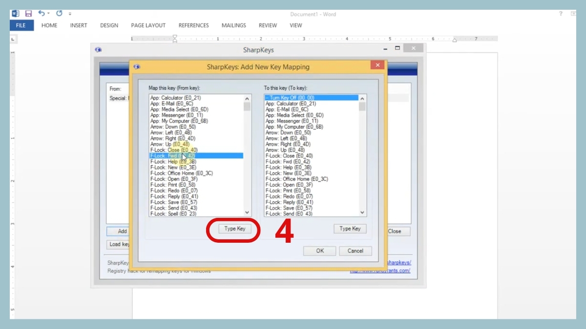 Sử dụng tính năng Type Key để xác định phím cần thay đổi.