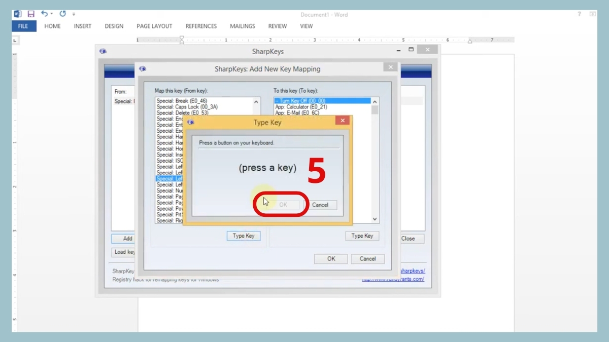 Xác nhận phím vật lý muốn gán lại khi bàn phím không có phím Fn.
