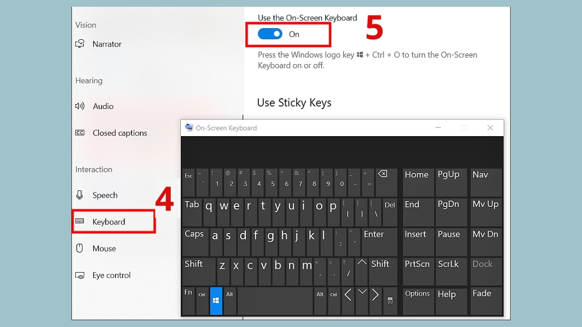 Định vị thẻ Keyboard trên menu chức năng để hiện bàn phím ảo.