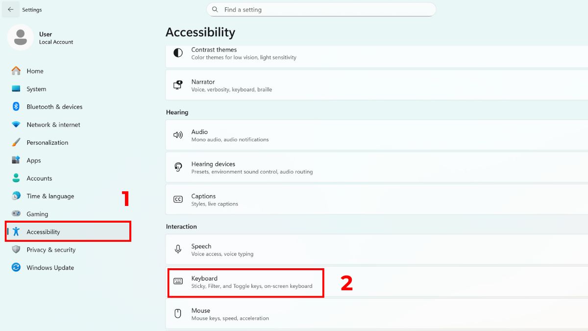 Truy cập Accessibility để mở khóa bàn phím máy tính bị khóa không gõ được trên Windows 11.