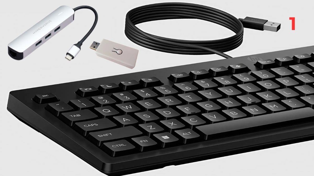 Chuẩn bị bộ chuyển đổi bàn phím có dây thành không dây và cáp kết nối.