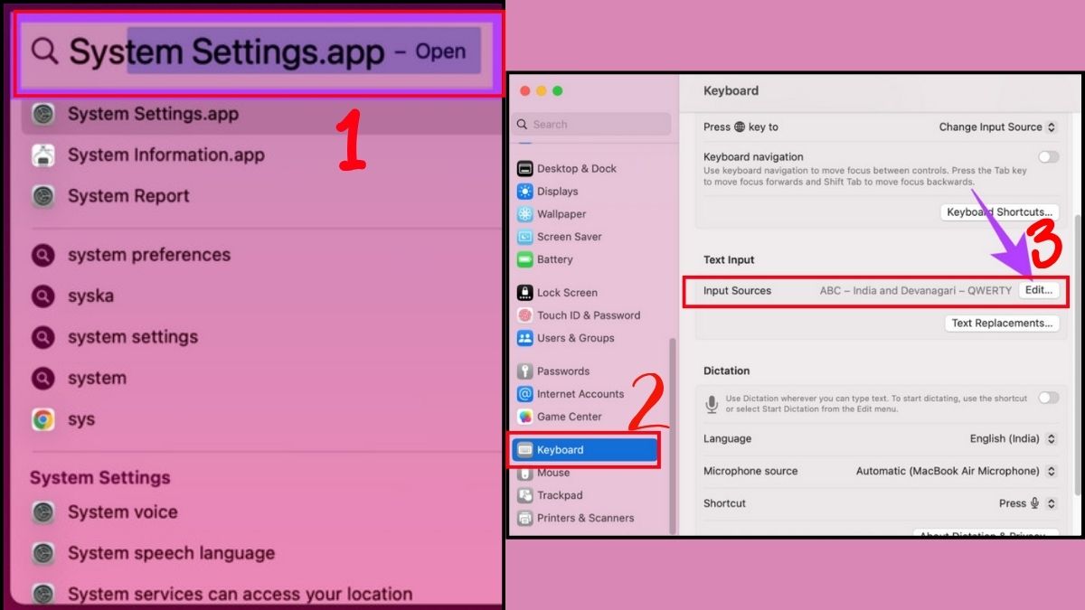 Thiết lập Input Sources trong phần cài đặt bàn phím máy tính trên hệ điều hành macOS.