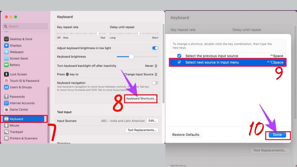 Thiết lập phím tắt chuyển đổi ngôn ngữ khi cài đặt bàn phím trên máy tính Mac.