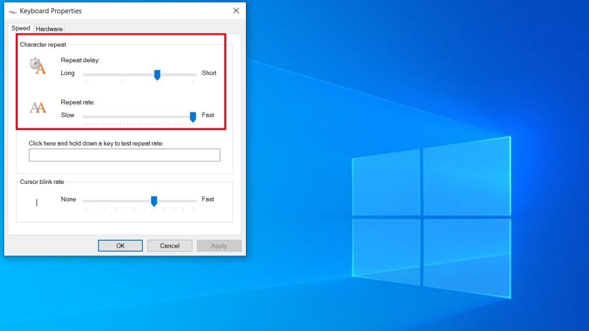 Điều chỉnh tốc độ lặp phím và độ trễ khi cài đặt bàn phím máy tính Win 10.