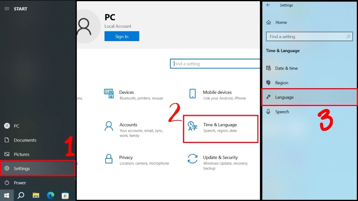 Truy cập mục ngôn ngữ trong phần cài đặt bàn phím trên máy tính Windows.