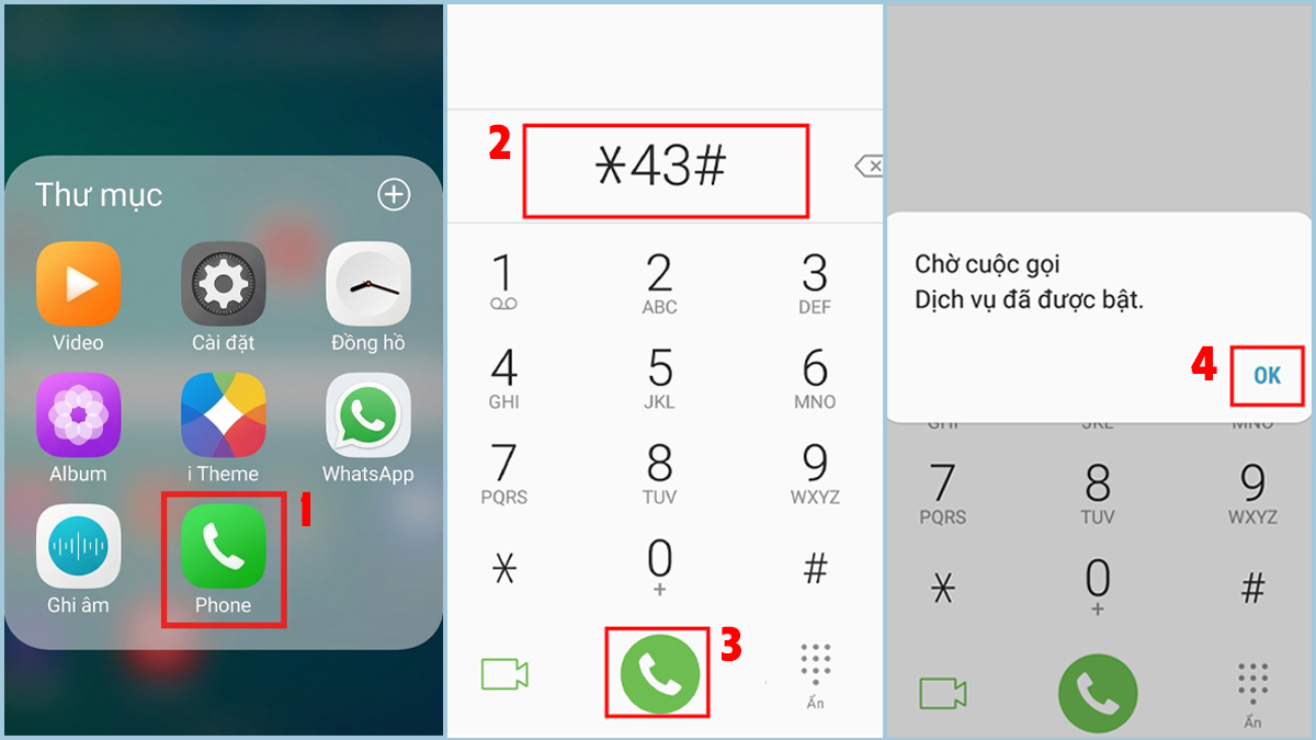 Các bước cài đặt cuộc gọi chờ trên Android bằng mã USSD từ bàn phím.