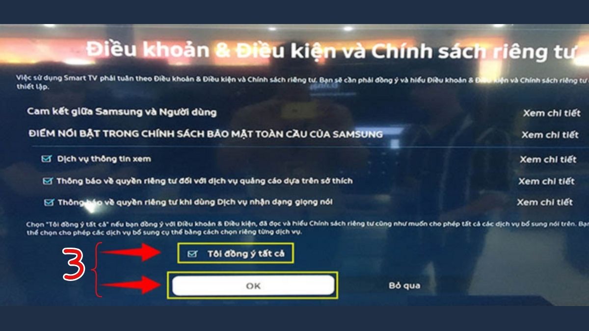 Chấp nhận điều khoản và chính sách để tiếp tục cách cài đặt lại tivi Samsung sau reset.