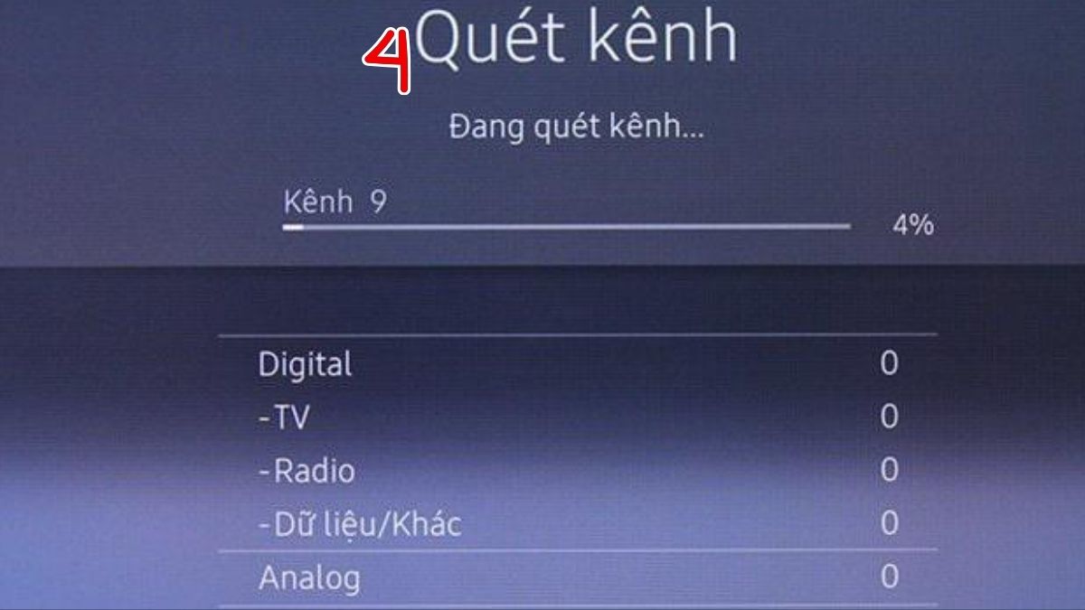 Thao tác quét kênh truyền hình sau khi hoàn tất việc cài đặt lại tivi Samsung cơ bản.
