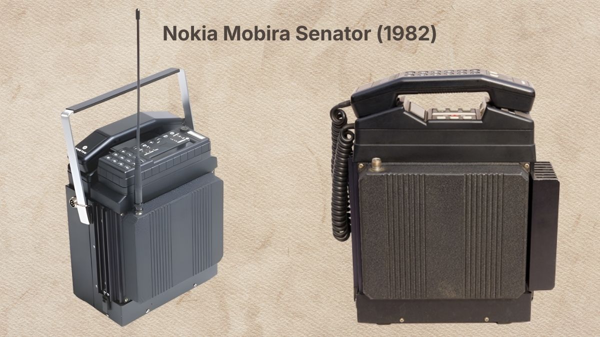 Các dòng điện thoại Nokia cổ đời đầu với mẫu Nokia Mobira Senator gắn trên xe hơi.