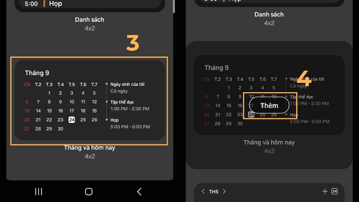 cách đưa lịch ra màn hình điện thoại samsung chọn Widget Lịch