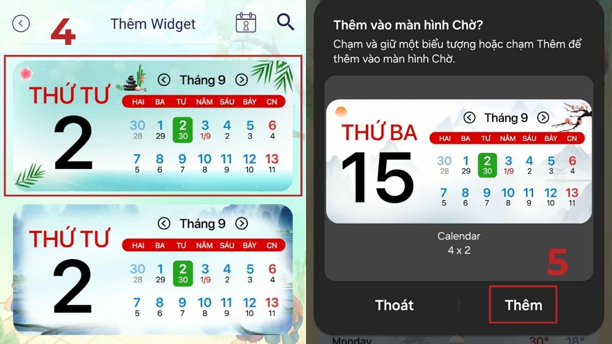cách đưa lịch âm ra màn hình samsung chọn kiểu lịch để màn hình chính