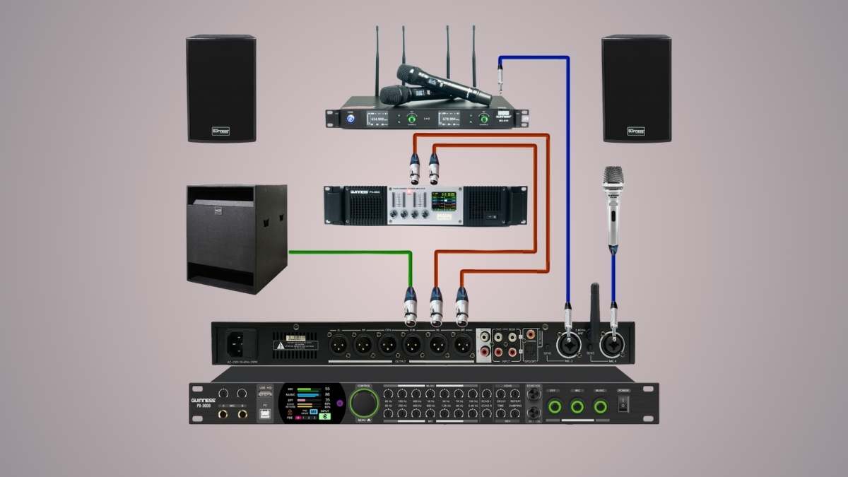 Sơ đồ tổng thể cách đấu dàn karaoke bao gồm loa chính, loa lời và vang số.