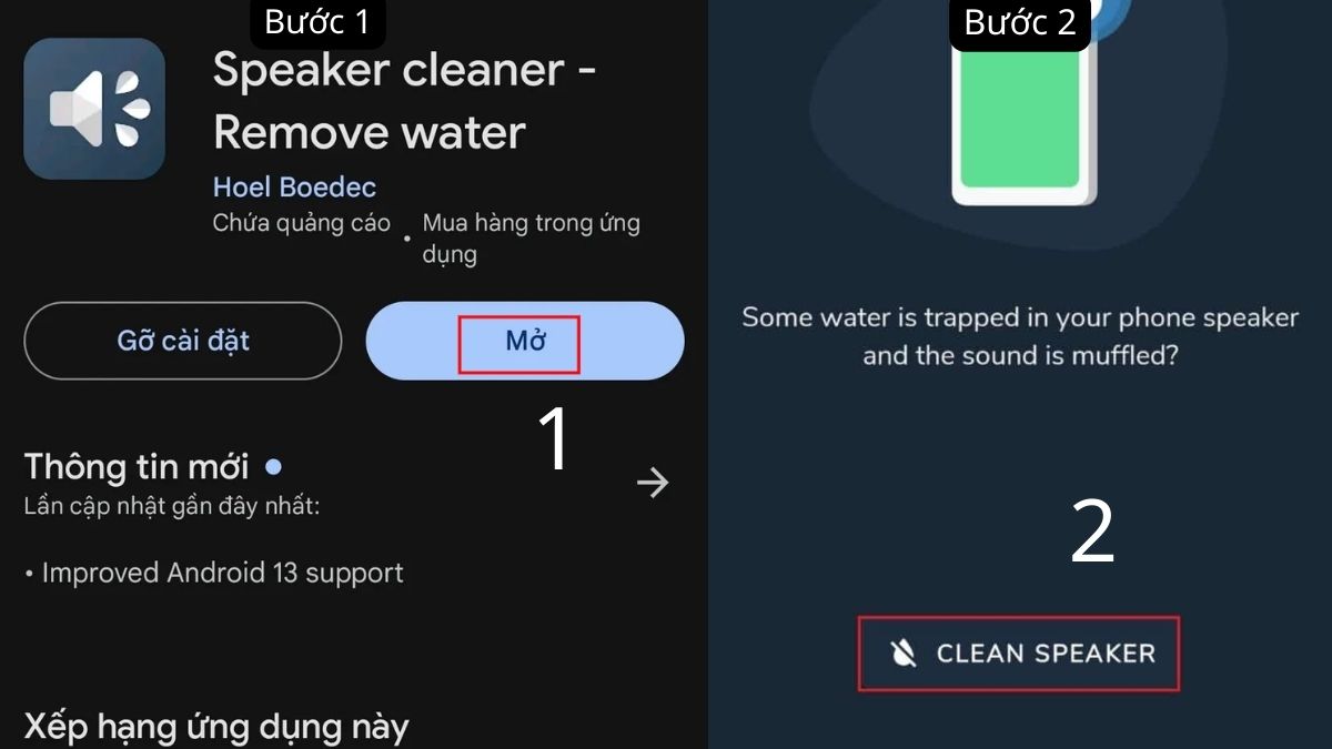 Giao diện app đẩy nước khỏi loa Android mang tên Speaker Cleaner giúp làm sạch màng loa.