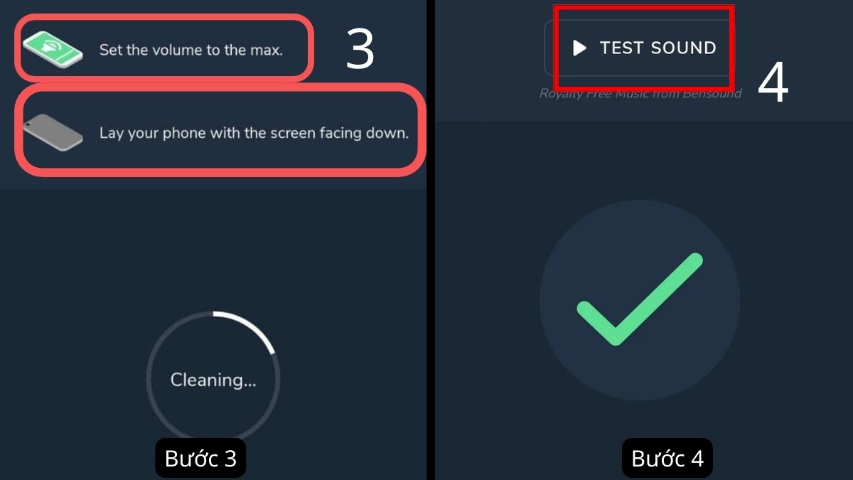 Các bước thiết lập âm lượng và úp màn hình để đẩy nước ra khỏi điện thoại.